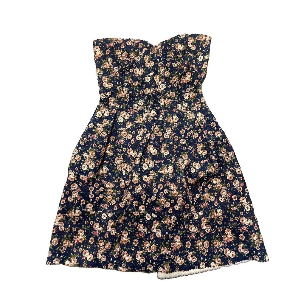 Sans Souci Size S Mini Party Dress Strapless Pleated Navy Pink Floral Stretch